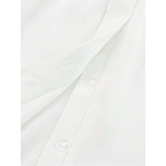 White Hidden Button Down Short Long Sleeve Pleated Details - Picture 9 of 12